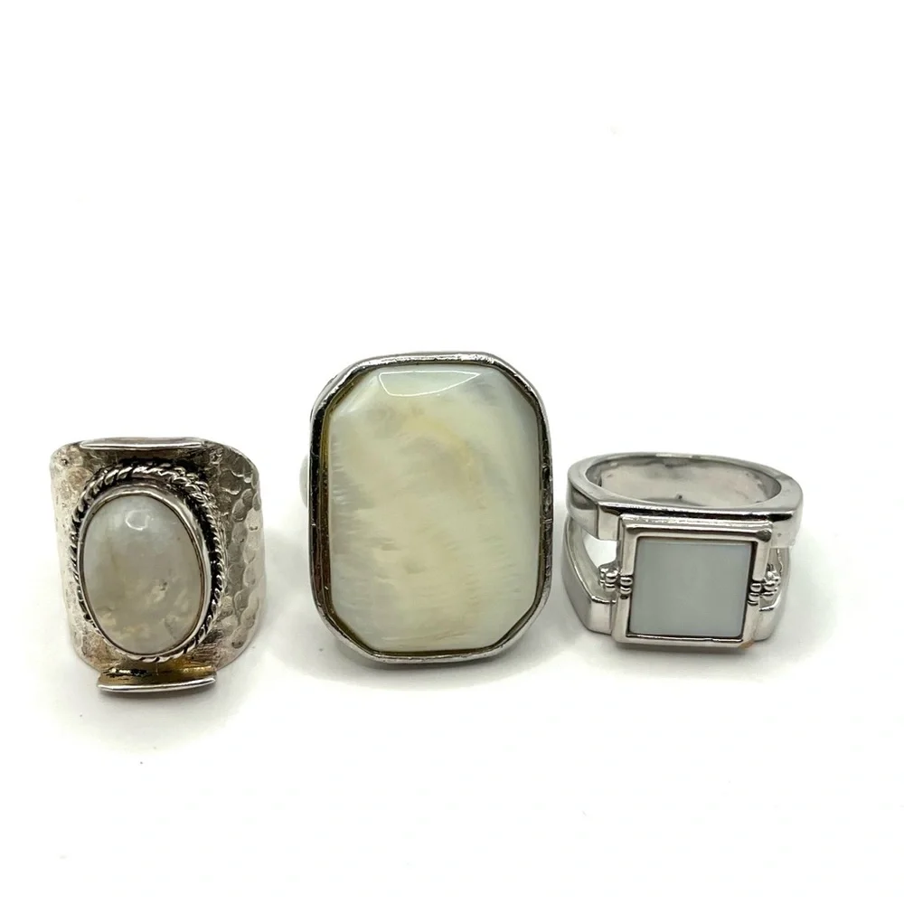 Three Silver Tone Rings with White/Opalescent Stones - Stackable Set